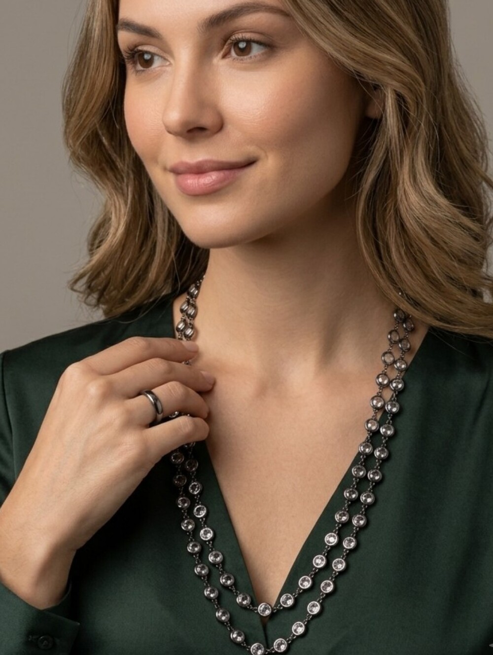 Elegant Double Strand Crystal Necklace - Silver Tone